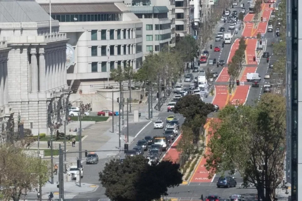 View of Van Ness Avenue, San Francisco, with red bus-only lanes